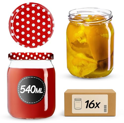 KADAX Lot de 16 bocaux en Verre 540ml Ø82 – Couvercle Twist-Off hermétique TO82 – pour confitures, conserves, cornichons, Miel & Fermentation