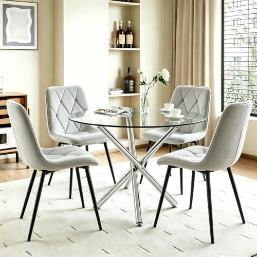 Pantanal Wood Round Dining Table and Chairs Set of 4, Compact Kitchen Table with 4 Chairs for Small Dinette Restaurant (argyle grid grey velvet chairs, 90cm clear glass table with 4 chairs)