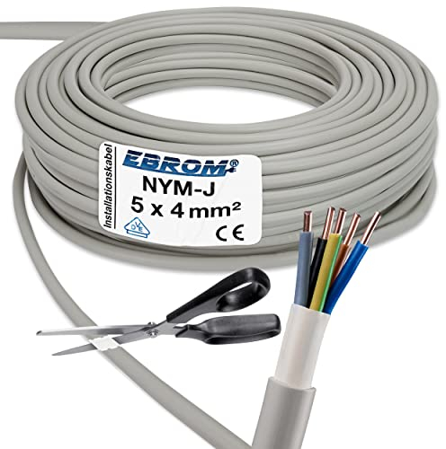 EBROM Câble gainé NYM-J 5 x 4 mm² - Plusieurs longueurs - Câble d'installation pour pièces humides - Gris - Pour une pose fixe dans des pièces sèches et humides - Longueur : 75 m