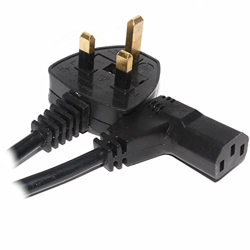 90 Degree Power Cable (IEC320C13R to BS1363) | Right Angle Kettle Lead UK Power Cord IEC C13 Power Cable for PC, Monitors, TV, Scanner etc - (3M Black) ‎