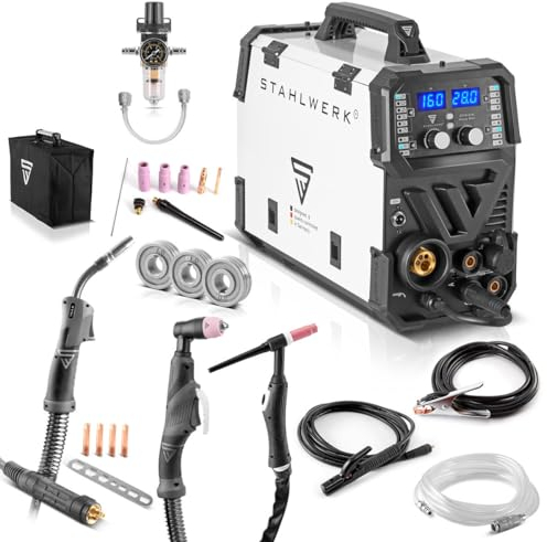 STAHLWERK Schweißgerät 6 in 1 Kombi CTM-416 Puls Pro - CUT, WIG, MIG MAG, PULS, MMA, FLUX, mit 160 A, 40 A Plasmaschneider, HF-Zündung, Puls-Funktion für Alu, Drahtvorschub, LED-Licht