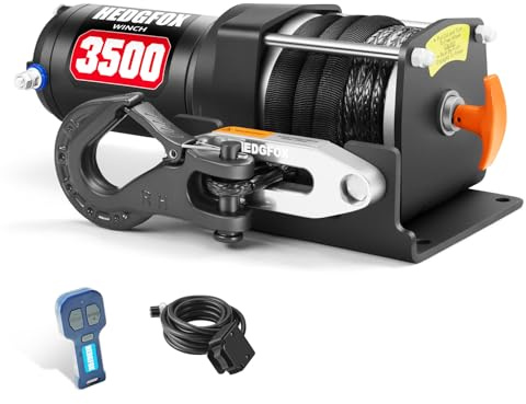 HEDGFOX Elektrische Seilwinde, 1587 kg Tragkraft, synthetisches Seil mit Hawse Fairlead wasserdicht IP65 mit kabelloser Fernbedienung für 4 x 4 Side by Side 4 Wheeler ATV UTV Rescue Recovery
