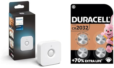 Philips Hue Indoor Motion Sensor with Wireless Control. Smart Lighting Accessory. & DURACELL 2032 Lithium Coin Batteries 3V (4 Pack) - Up to 70% Extra Life - Baby Secure Technology