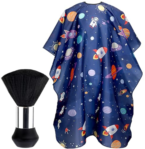 JANYUN Kids Hair Cutting Cape - Professional Kids Barber Cape with Cartoon Space Design, Adjustable Apron and Neck Duster Brush for Children and Adults Salon Barber Supplies