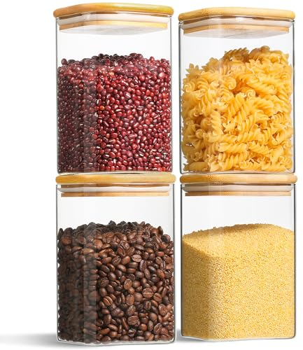 1.1L Vorratsgläser mit Deckel Luftdicht 4er Set, Vorratsdosen Glas Eckig 10CM,Geeignet Für Die Aufbewahrung Von Kaffeebohnen, Mehl Und Haferflocken (4 pack)