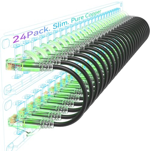 Sokqovt Lot de 24 câbles de raccordement Cat6a fins de 0,6 m - Câble Ethernet flexible - 10 G - 550 MHz - Cuivre pur 28 AWG - Cat6 pour armoire réseau - Noir