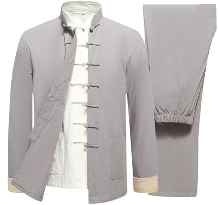 PTATT Tang Anzug Kung Fu Uniform Chinesische traditionelle Kleidung Kung Fu Hemd Hosen 3 -teilige Set lange Ärmelmantel Tops grey-XL