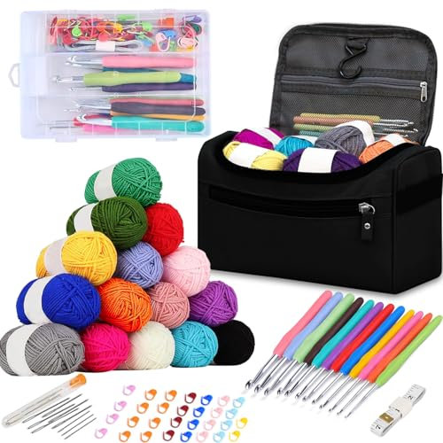 LOSYHU 69PCS Crochet Starter Kit for Beginners, Yarn Kit with 15 Yarns, Metal Hooks, Knitting Accessories, Tools, Storage Case, Needles, for Adults (Black)