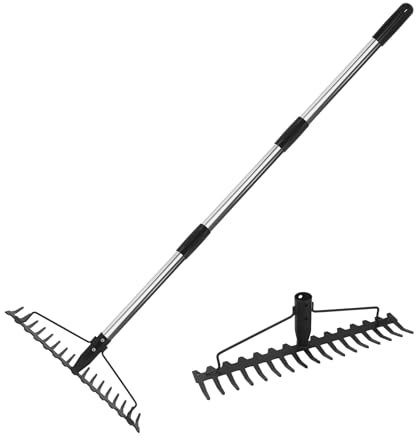 Râteau de jardin en métal de 120 cm de long avec 17 dents, râteau de jardin avec manche, pour ameublir le sol et niveler la pelouse, râteau à mauvaises herbes, râteau à gazon, râteau à foin pour et