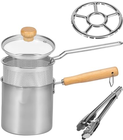 Foppla Freidora de acero inoxidable 304 con mango de cesta coladora y tapa, portátil, pequeña, tempura japonesa, para freír pescado, camarones y pollo