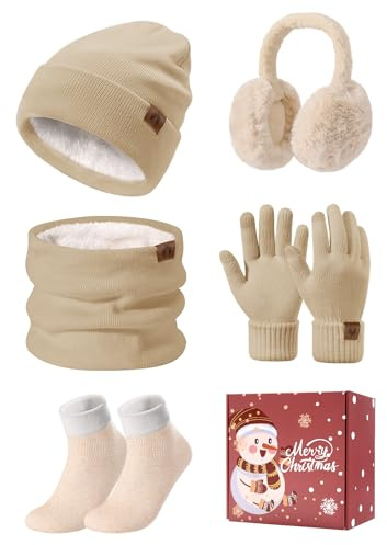 PASUDA Mützen Schal Handschuhe Damen Winter 5 Stücke Set Warme Fleece Gefütterte Beanie Wintermütze Halswärmer Touchscreen Handschuhe Plüsch Ohrenschützer Verdickte Socken Damen Winterzubehör