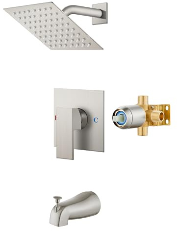 Airuida Shower Faucet Set with Tub Spout Bathtub Faucet Kit Shower Tub Faucet Set Complete Tub Shower Trim Kit with Solid Brass Rough-in Valve and Rainfall Square Showerhead,6 Inch-Brushed Nickel