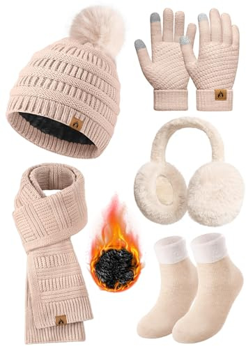 Jyanl Womens Winter Beanie Hat Scarf Gloves Set Fleece Hat Long Scarf Neck Warmer Ear muffs Fuzzy Socks 5 in 1 Knit Sets