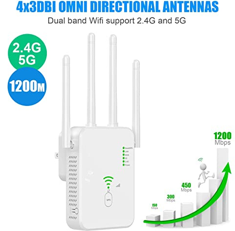 1200Mbit/s WLAN Verstärker, WiFi Repeater Dual Band WLAN Verstärker Signalverstärker mit 1 LAN Port, 1 WAN Port, WPS,3dBi x4 Antennen kompatibel zu Allen WiFi Geräten