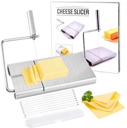 Käsehobel mit 8 Ersatzdrähten, verstellbarer Edelstahl-Käseschneider, Butterschneider mit Brett und Messrastern für Blockkäse und Butter