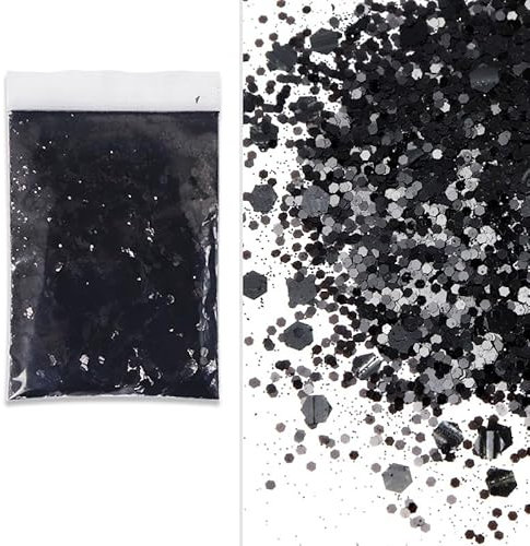 SHUOHONG 100g Glitzer Basteln Kinder, 3 Größen Gemischt Glitter, Groß Glitzer zum Basteln, Feiner Glitzer Wandfarbe, Pailletten Glitzerpulver für Make-up, Karten, Nagelkunst, DIY (Schwarz)