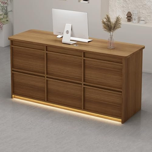 Snaweo Empfangstheke, Empfangstresen mit Theke, Empfangstisch mit LED-Licht, Simplicity-Rezeptionstheke, Empfangstresentisch mit Schubladen, für Salon, Lobby, Geschäft(Teak,110cm/43in)