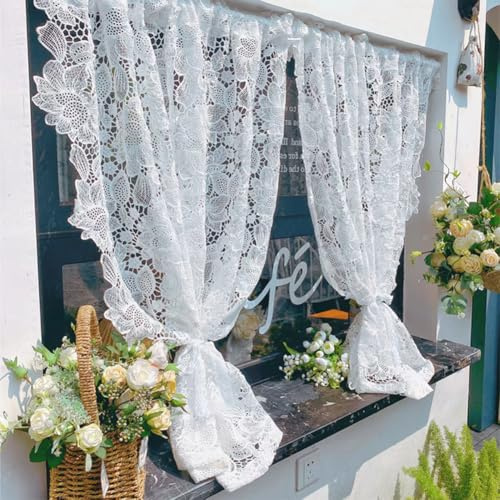 Ricemru Scheibengardinen Landhausstil Spitze Weiß mit Hohle Baumpfingstrosen Bistrogardinen Spitzengadinen Spitzenvorhang Vintage Lang Spitze Fensterschal für Wohnzimmer Schlafzimmer,120x120