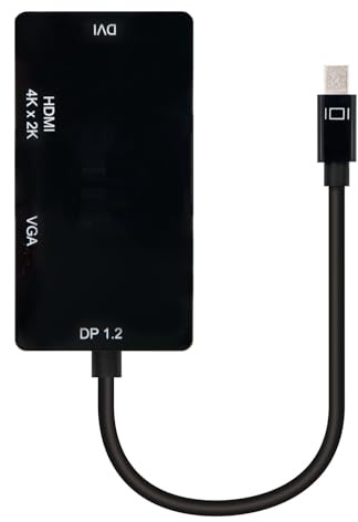 Brightium Convertisseur Mini DP vers VGA/DVI/HDMI 3 en 1 Noir de 15 cm. Idéal pour connecter des appareils à différents écrans, garantissant qualité et polyvalence dans Un Design Compact et élégant.