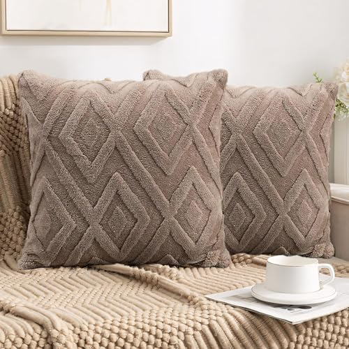 ZF YLYH 2er Set Kissenbezüge Weicher Plüsch Zierkissenbezüge: 45x45 cm Wollsamt Dekokissenbezuge Geometrische Gestreift Kissenhülle für Sofakissen Schlafzimmer Zierkissen (Rhombus-Braun, 45 * 45cm)