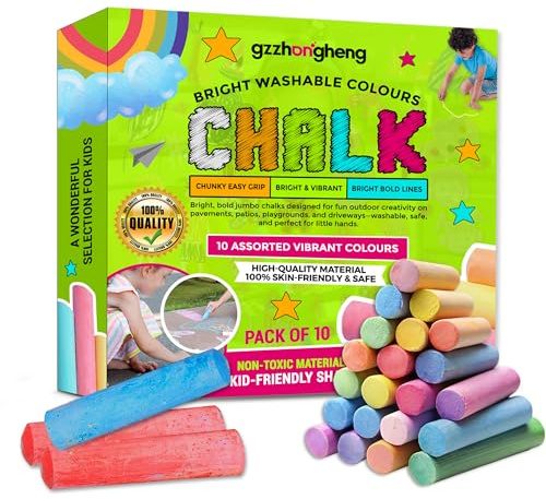10 Jumbo Chalks for Kids – Giant Chunky Washable Pavement & Sidewalk Chalk – Colourful Outdoor Playground Garden Chalk Set – Assorted Colours for Drawing, Hopscotch, Driveway & Patio – Age 3+
