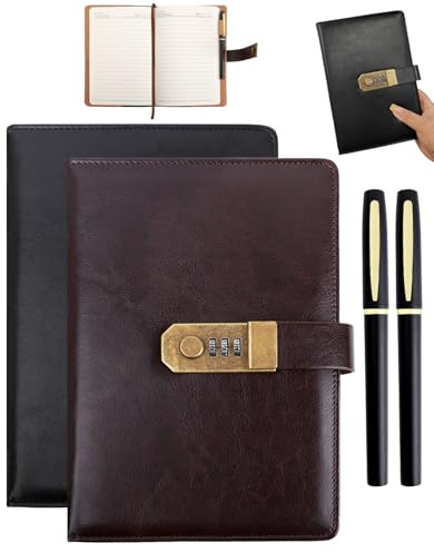 SEESUNO Journal with Lock, 2Pcs A5 200 Pages Lockable Notebook with 2 Pen for Teenager Adult Birthday 8.6x5.9In (Brown/Black)