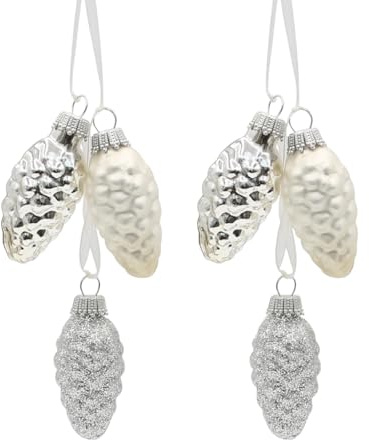 2 Stück Edler Lauschaer Christbaumschmuck - Krebs Glas Lauscha - Christbaumschmuck Glaszapfen 2er Set mit 3 Tannenzapfen in Silber mit Textilband 6cm, Glanz, matt, glitzernd.