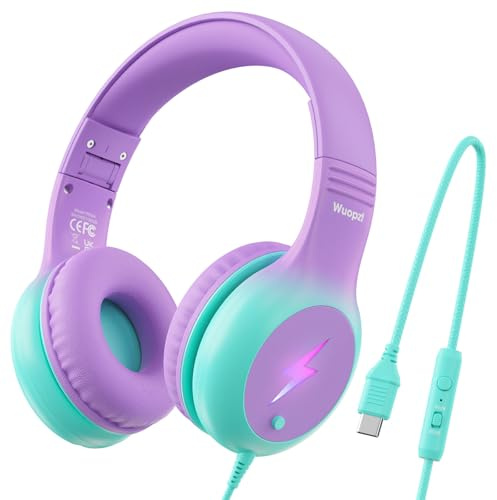 Wuopzf Kids USB C Headphones for School, 2025 Upgrade Safe Listening Wired Over-Ear Headphones with LED Lights, Volume Limiter & Microphone, Foldable Design for iPhone 16, iPad, Tablet (Purple)