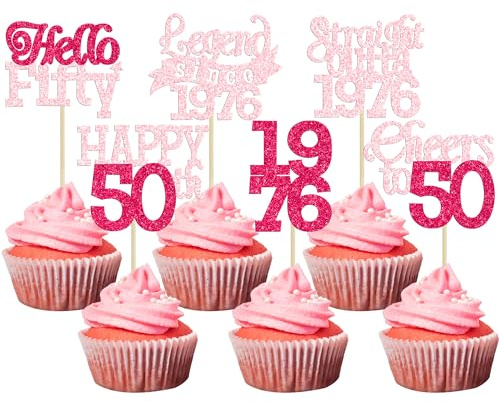 Gyufise 24Pcs Happy 50th Birthday Cupcake Toppers Hello Fifty Legend Since 1976 Cupcake Picks Cheers to 50 Years Cake Decorations for 50th Birthday Anniversary Party Supplies Pink Rose Red
