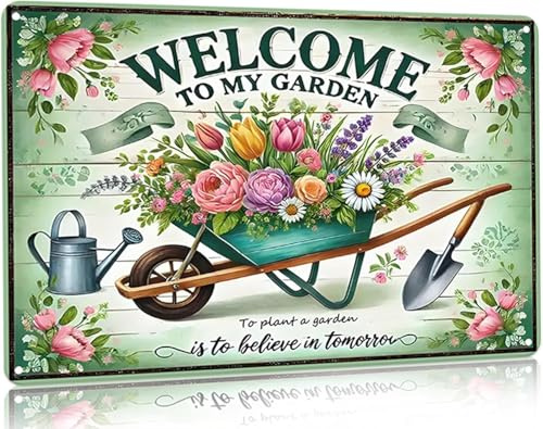 VIOFLUENT Metal Garden Sign, 8 x 12 Inch (Welcome) | Vintage outdoor wall decor for yards and gardens; gardening gift for women