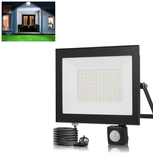 Bellanny 100W LED Strahler mit Bewegungsmelder Außen, 10000LM 6500K Kaltweiß Superhell Fluter Scheinwerfer Wandstrahler | IP66 Wasserdicht Aussenlampe Wandleuchte Innen für Garten Hof Garage Veranda