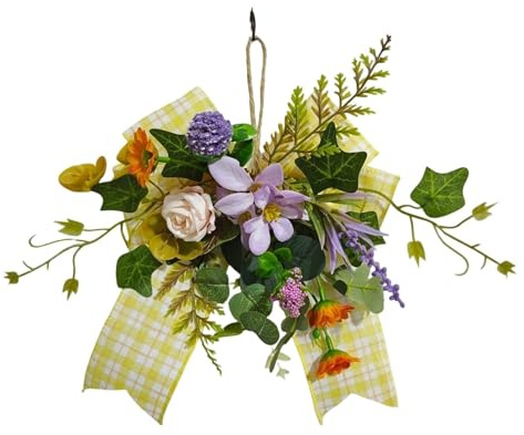 Spring Summer Door Wreath, Easter Artificial Flower Wreath, Hanging Violet Bow Wreath for Front Door, Spring Wreath Summer Wreath Decorations for Door Wall Window Home Indoor Outdoor (25cm)