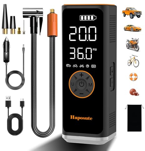 Haposute Tyre Inflator Portable Air Compressor 12V DC, 150PSI Corded/Cordless 6000mAh Long-Lasting Battery Electric Air Pump with Digital Display & Dual LED Light for Car, Motorcycle, Bike, Ball & DIY