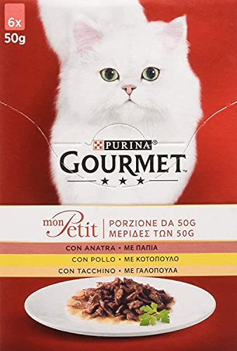 GOURMET Mon Petit - Cibo Umido per Gatti Adulti in con Bocconcini con di Tacchino, con Pollo e con Anatra in Salsa, 48 Bustine da 50 g Facili da Servire
