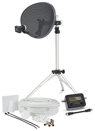 SSL Satellites 60cm Zone1 Portable Satellite Dish Kit Tripod Quad LNB & Satellite Finder - 50M Twin White - Full DIY Kit for Caravan