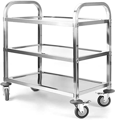 uyoyous 3 Tier Stainless Steel Trolley 750x400x835MM Stainless Steel Catering Trolley Multi-Purpose Kitchen Serving Trolley with Brake for Hotels Restaurants
