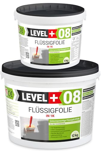 Level + 08 Flüssigfolie für Bad, Dusche & Küche – Dichtfolie unter Fliesen | auf Beton, Putz & Estrich – Wasserdichte Verbundabdichtung für Innenräume – Gebrauchsfertig und Elastisch – 16 kg