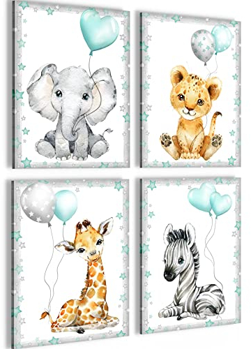 Novart Bilder Tiere - Fertig Zum Aufhängen - Kein Extra Rahmen benötigt - Wandbilder Set Kinderzimmer Mädchen Junge - N016647b