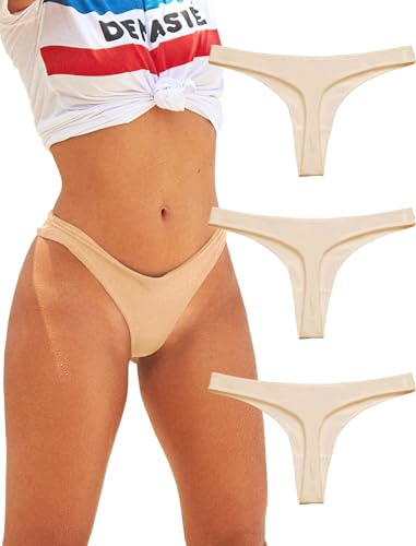 String för kvinnor i sexig bomull tanga trosor set med 3, Beige färg, S