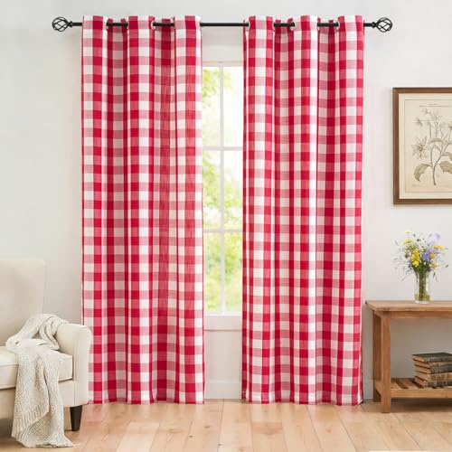 Jubilantex 2 Stück halbtransparente Vorhänge mit weihnachtlichem Büffel-Karo, rot und weiß, kariert, strukturierte Fensterbehandlungen, Bauernhaus-Ösen, Schlafzimmer, 101.6x213.4 cm