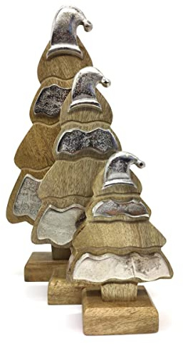 DARO DEKO Holz Tannenbaum mit Standfuss 3er Set Natur braun Silber 18cm 28cm 38cm