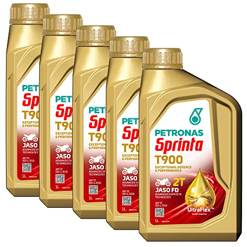 Petronas Kit 5X Sprinta Olio Motore 100% Sintetico per Moto e Scooter 2 Tempi T900-5 Confezioni da 1 Litro