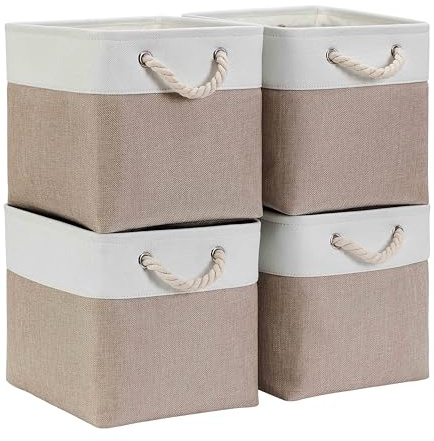 Mangata Stoff Aufbewahrungsbox 30x30x30 cm Faltbar Helles Khaki Weiß 4er Pack