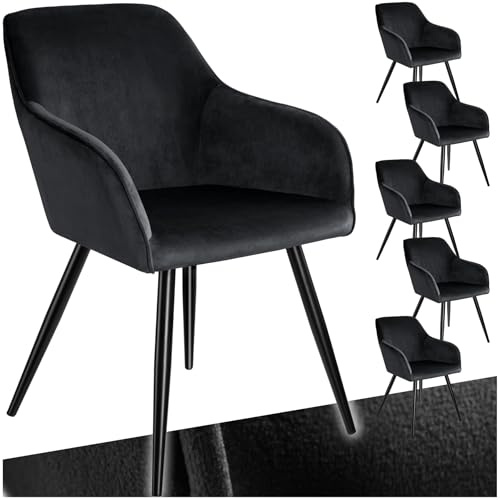 tectake 6er Set moderner Esszimmer Stuhl, Sitzfläche aus Samt, Armlehnstuhl, Sessel Wohnzimmer, gepolsterter Bürostuhl mit schwarzen Metallbeinen, Schminktisch Stuhl - schwarz