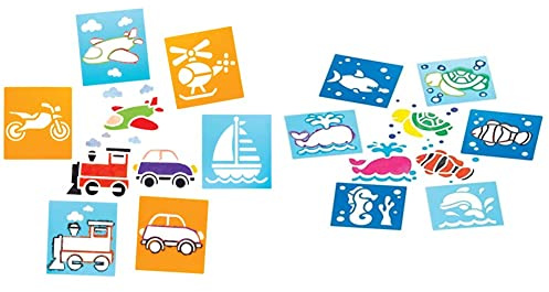 Baker Ross AW715 Schablonen „Verkehrsmittel“ zum Malen (6 Stück) – Schablonenset aus abwaschbarem Kunststoff für Kinder & Schablonen „Meerestiere“ zum Malen (6 Stück) – Schablonenset für Kinder