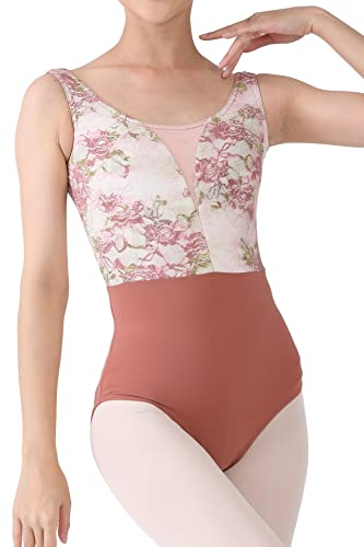 Dance Elite Evarti Women's Dance Leotard – Brown Floral Stretch Lace and Spandex Bottom Ballet Leotards for Women (Brown, Adult M)