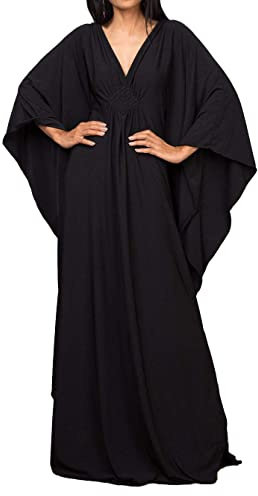 JFAN Kaftans Women Full Length Plus Size Beach Coverups For Women Beachwear V Neck Kaftan Dress Loungewear(Black,One Size)