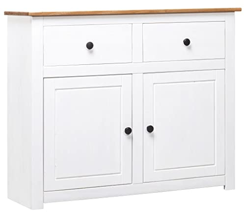 FIRBNUS Beistelltisch 93x40x80 cm mit 2 Schubladen Sideboard Aufbewahrungsschrank für Wohnzimmer Schrank Anrichte Kommode Kiefernholz Panama Weiß und Natürliche Holzfarbe Schubladenschrank