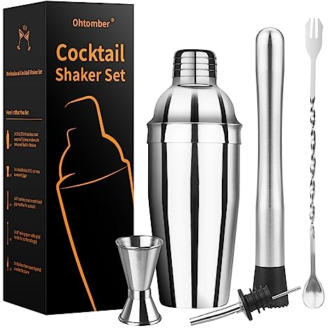 Ohtomber Cocktail-Shaker-Barkeeper-Set – 5-teiliges Cocktail-Martini-Shaker mit Sieb, Stößel für Cocktails, Barlöffel, Messbecher für Barkeeper und Likör-Flaschenausgießer, Getränkemixer-Set