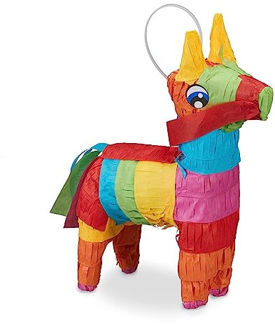 Relaxdays Piñata Burro, Juego Fiesta Cumpleaños, para Colgar, Dulces, Niños y Niñas, 38x35x12 cm, Arcoíris, Multicolor